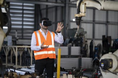 Worker wearing a hi-vis using VR glasses