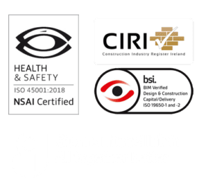 ISO 45001, CIRI, BSI BIM certified, Guaranteed Irish Logos