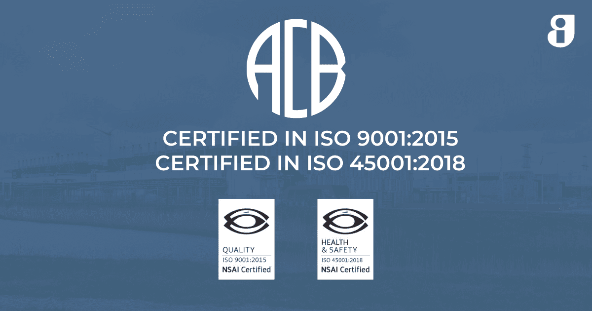 An image with a data centre overlayed with ISO 45001:2018 and ISO19001:2015 logos